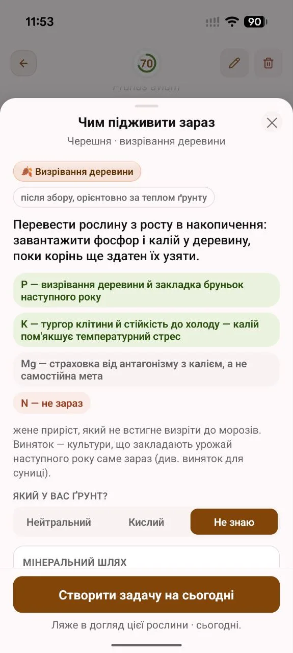 Шторка «Чим підживити зараз»: чіп фази «Визрівання деревини», картки елементів P, K, Mg і заборона азоту, вибір ґрунту Нейтральний/Кислий/Не знаю