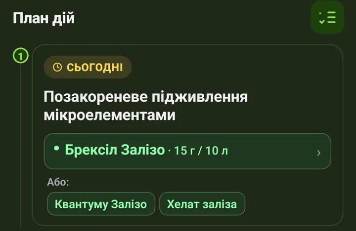 План дій у DAR Garden: сьогодні — позакореневе підживлення, Брексіл Залізо 15 г на 10 л
